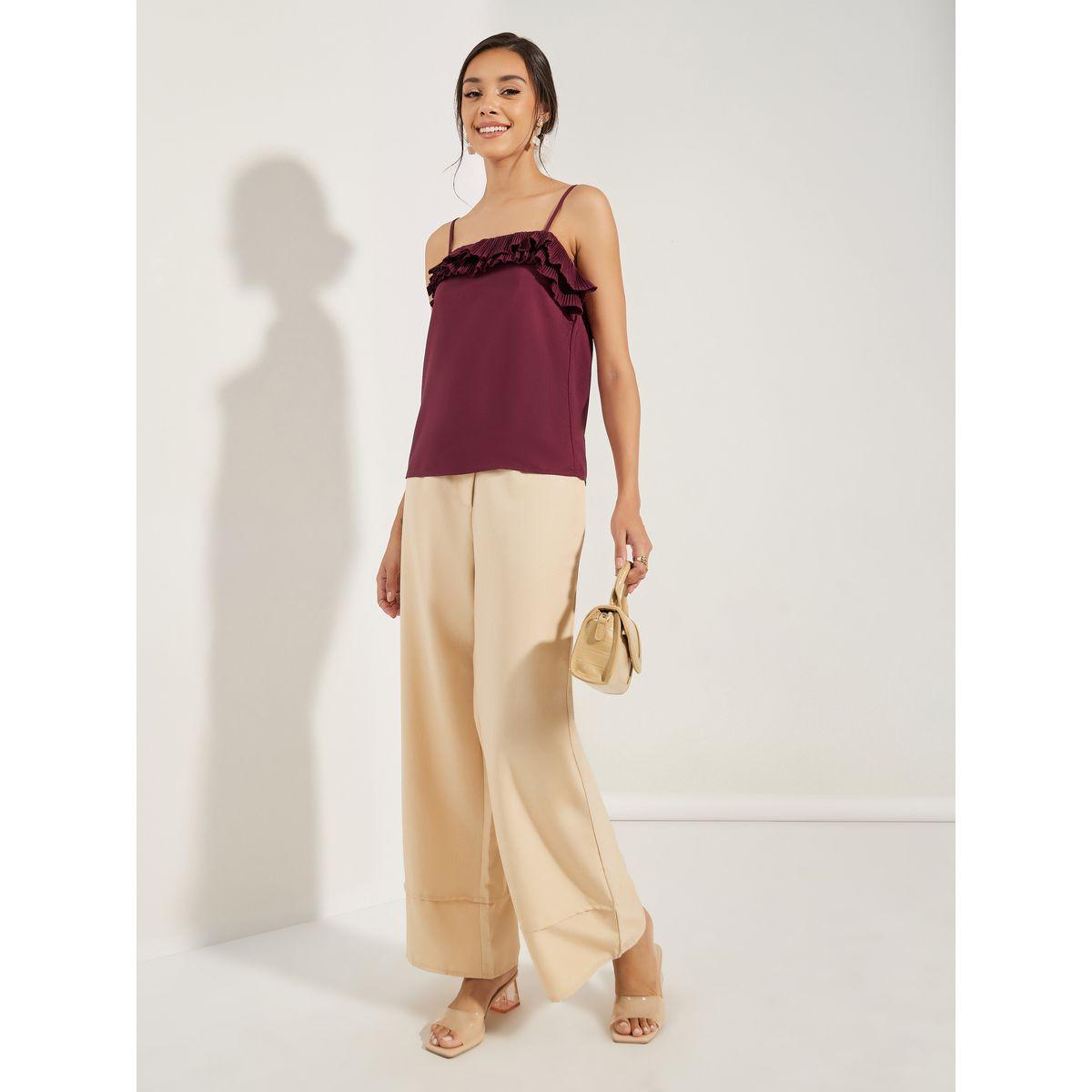بلوزة كامي سادة منسوجة بتفاصيل كشكش-women-clothing-tshirts-image-3