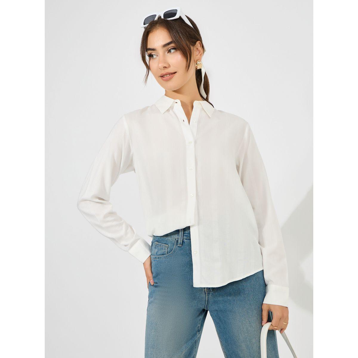 Styli Solid Dobby Collared Button Down Shirt-women-clothing-shirtsandblouses-shirts-image-1