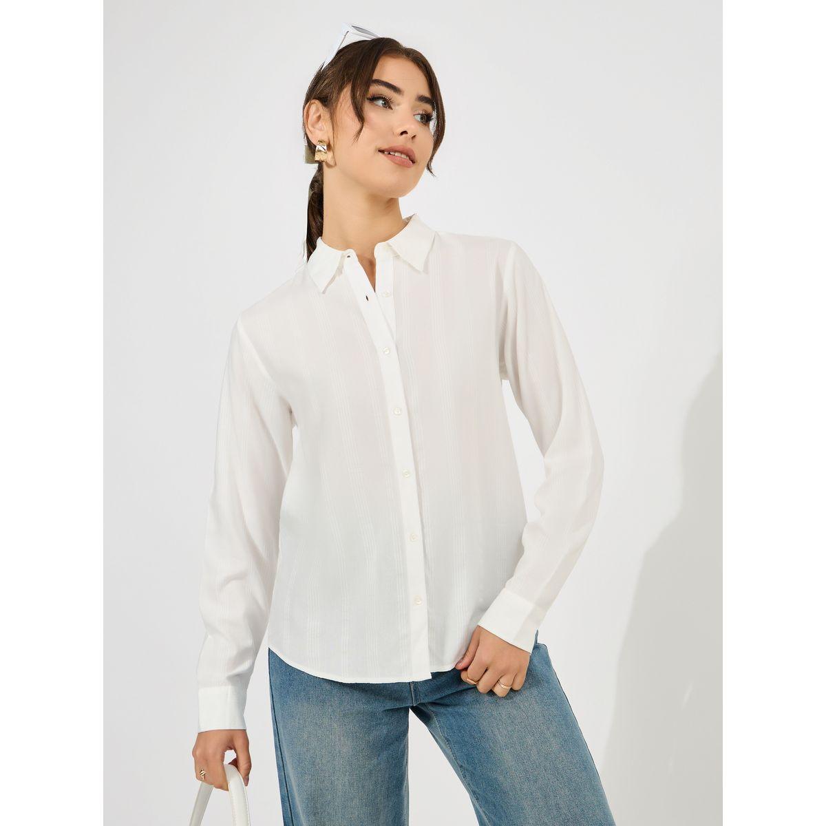 Styli Solid Dobby Collared Button Down Shirt-women-clothing-shirtsandblouses-shirts-image-2