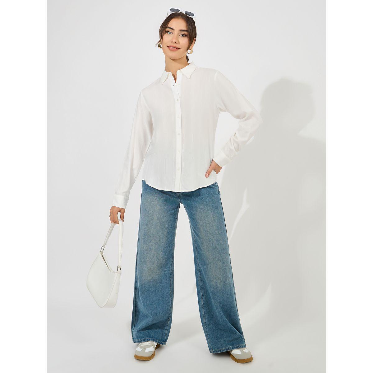Styli Solid Dobby Collared Button Down Shirt-women-clothing-shirtsandblouses-shirts-image-3