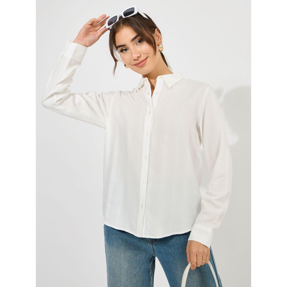 Styli Solid Dobby Collared Button Down Shirt-women-clothing-shirtsandblouses-shirts-image-4