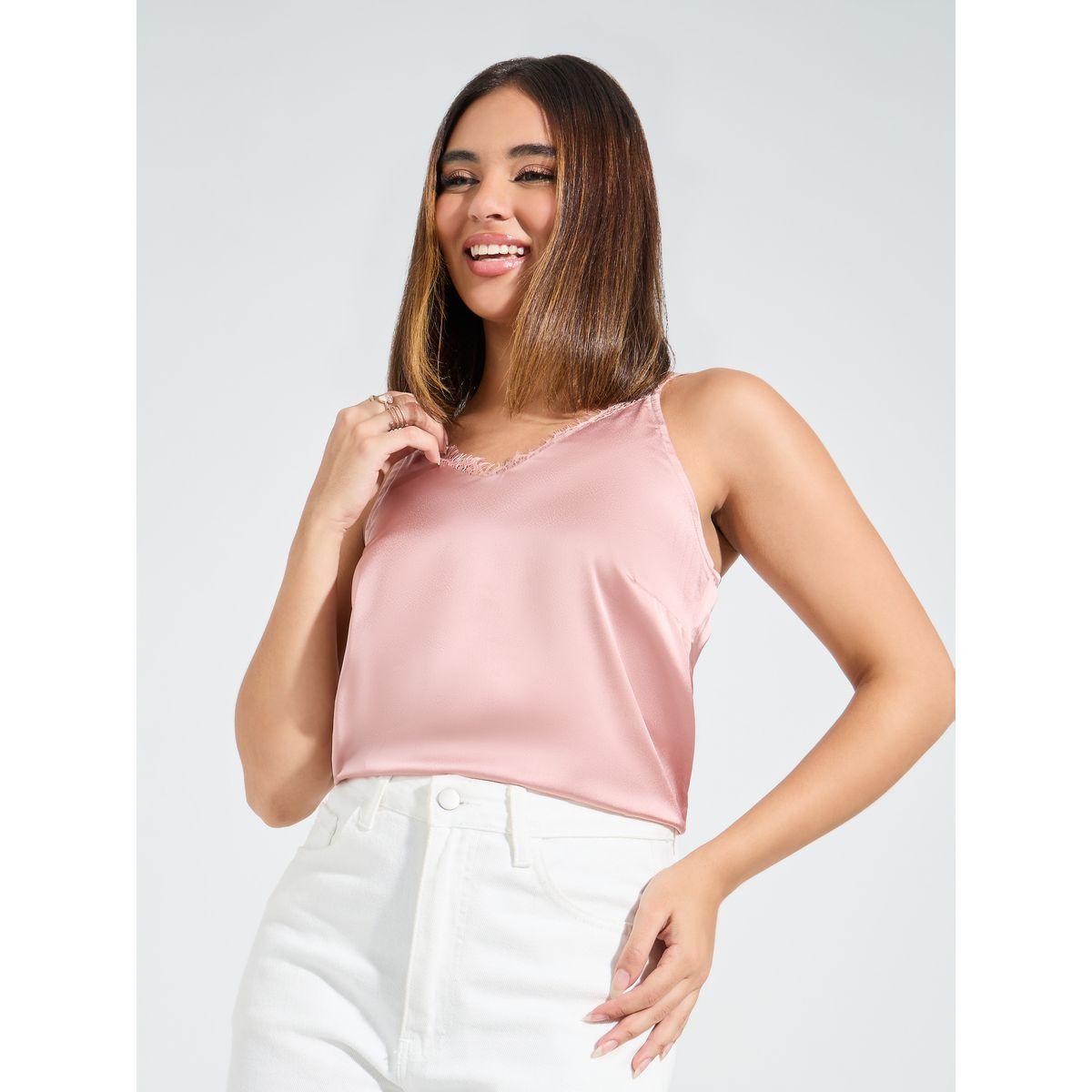 Styli Woven Satin V-Neck Cami with Lace Detail-women-clothing-tshirts-image-2