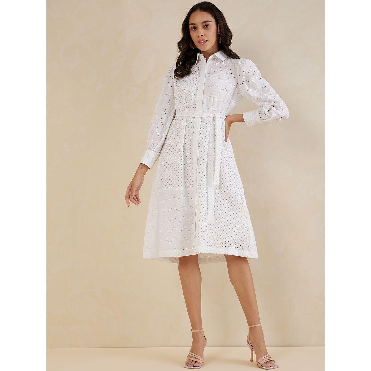 فستان ميدي بتفاصيل مُطرّزة وازار مع حزام خصر فِميلا × ستايلي-women-clothing-dresses-image-1