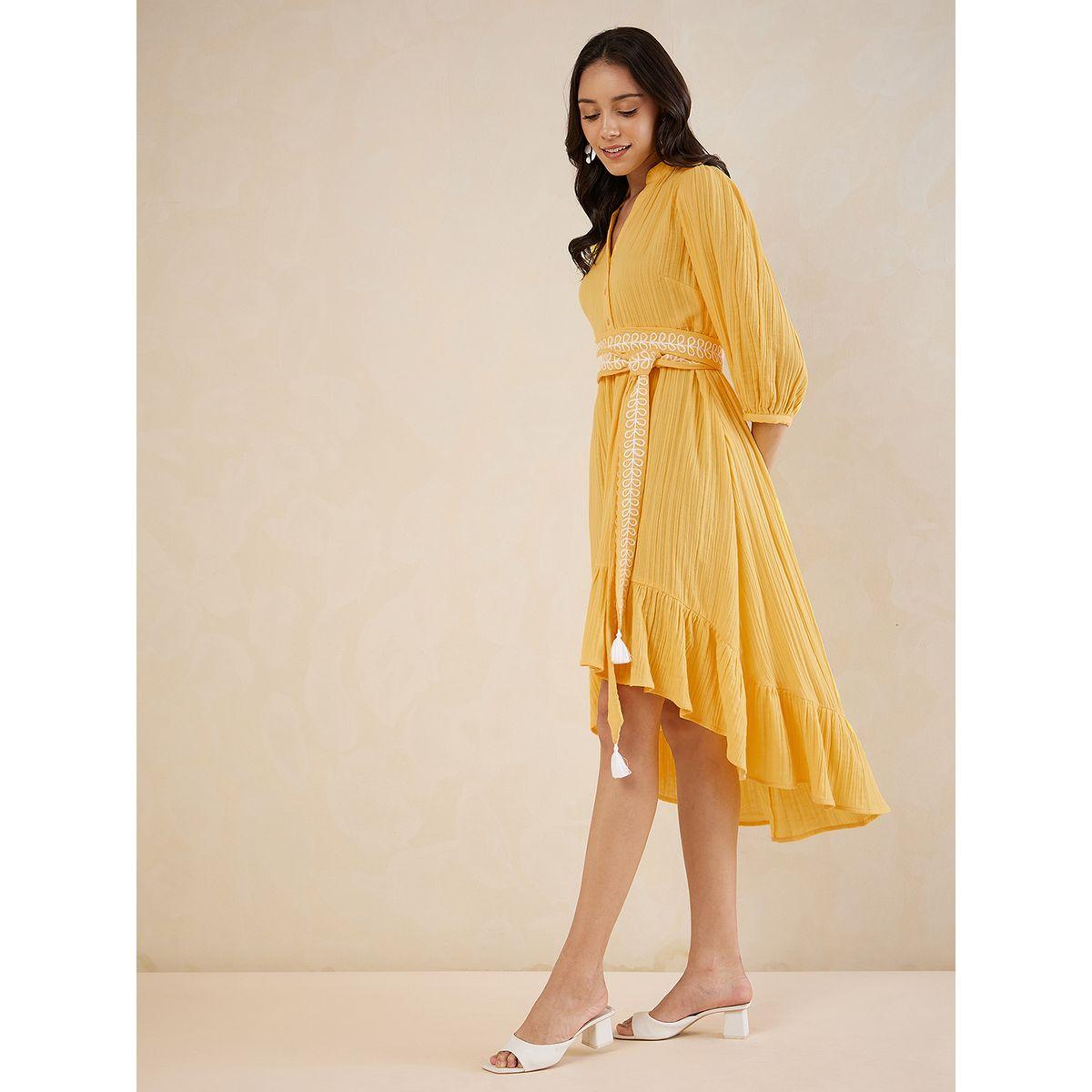 Femmella Textured Embroidered Belt Detail High Low Hem Midi Dress-women-clothing-dresses-image-2