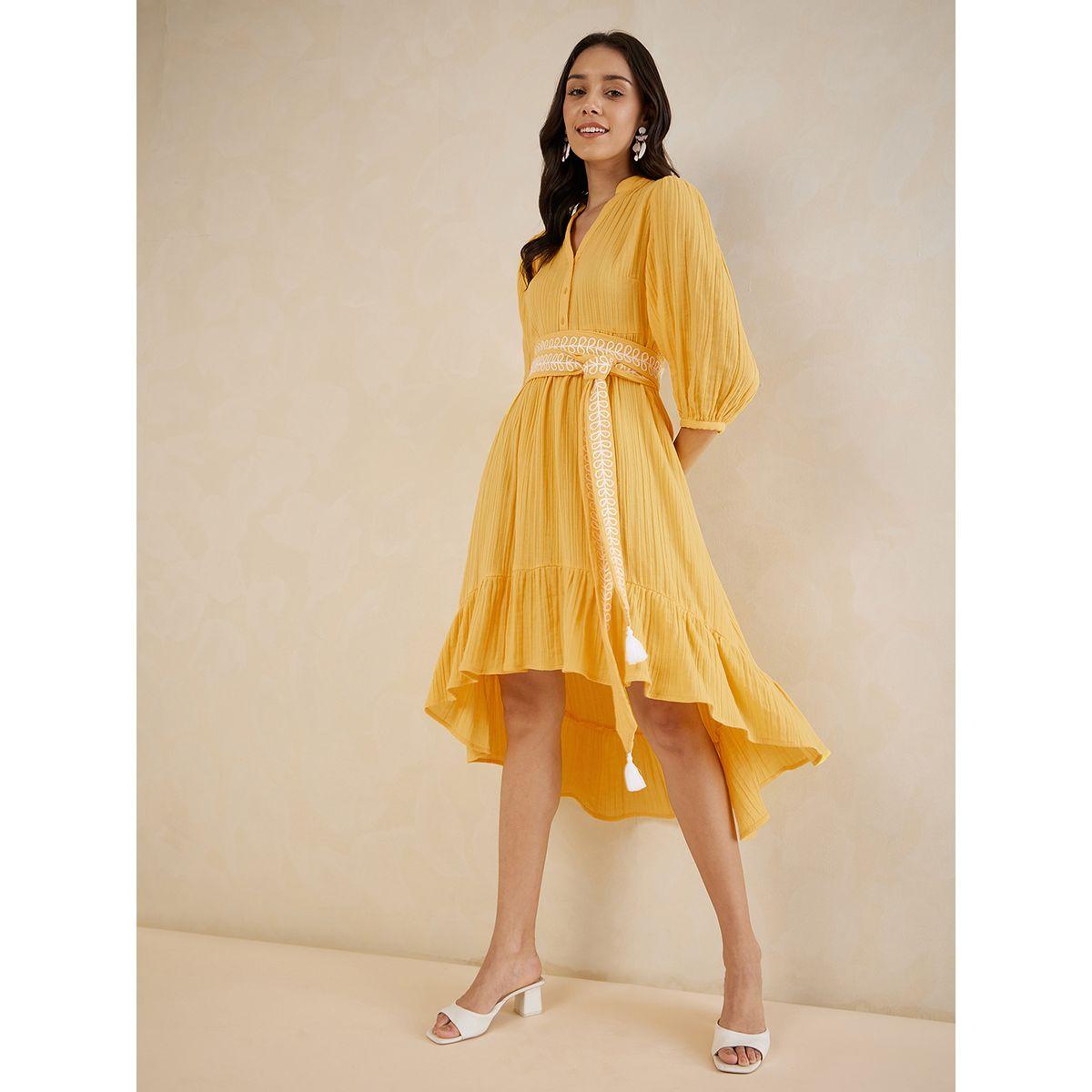 Femmella Textured Embroidered Belt Detail High Low Hem Midi Dress-women-clothing-dresses-image-5