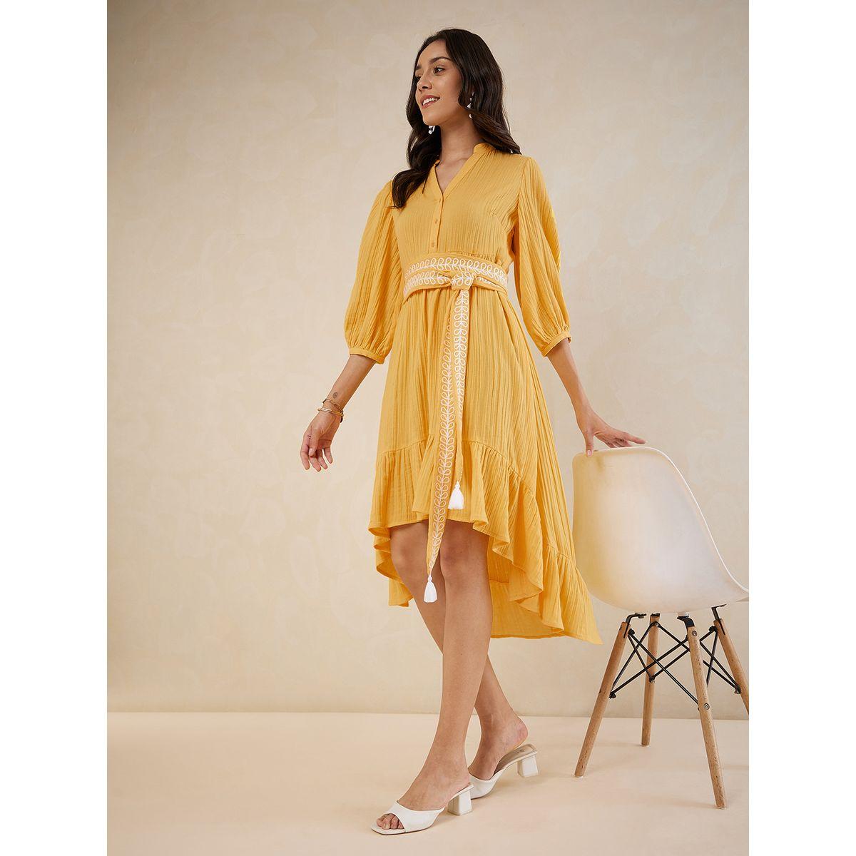 Femmella Textured Embroidered Belt Detail High Low Hem Midi Dress-women-clothing-dresses-image-6