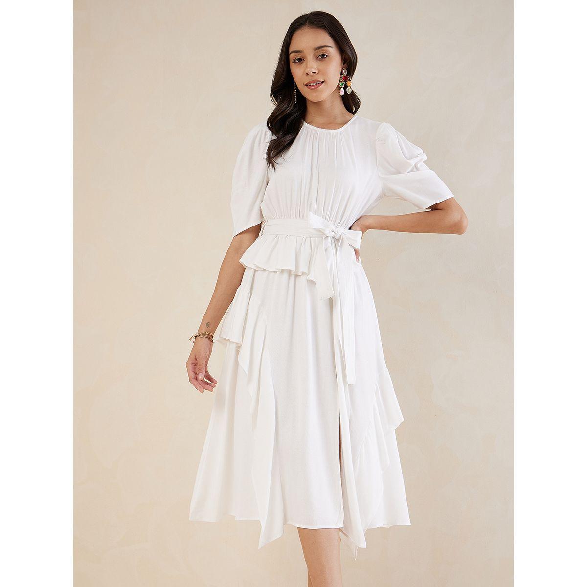 Femmella Solid Ruffled A-Line Midi Dress with Tie Up Belt-women-clothing-dresses-image-1