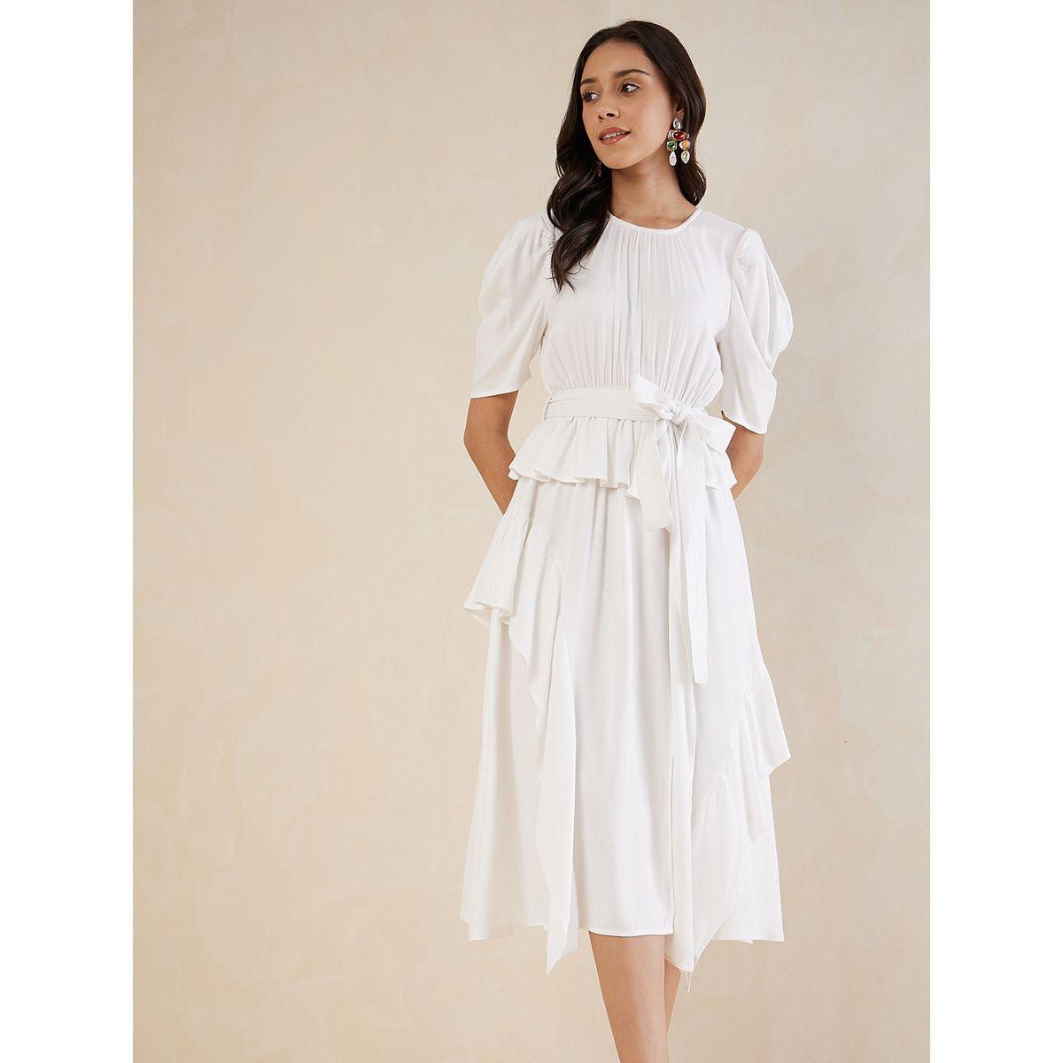 Femmella Solid Ruffled A-Line Midi Dress with Tie Up Belt-women-clothing-dresses-image-2