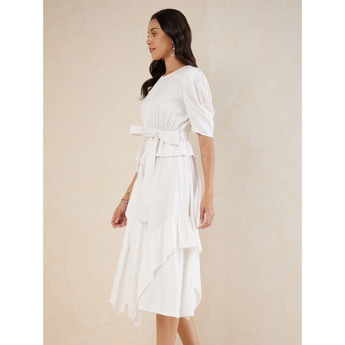 فستان ميدي سادة بكشكش وحزام خصر-women-clothing-dresses-image-3