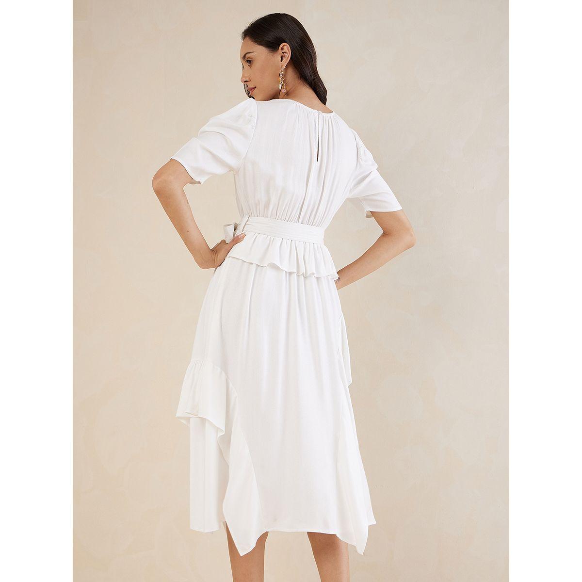 فستان ميدي سادة بكشكش وحزام خصر-women-clothing-dresses-image-4