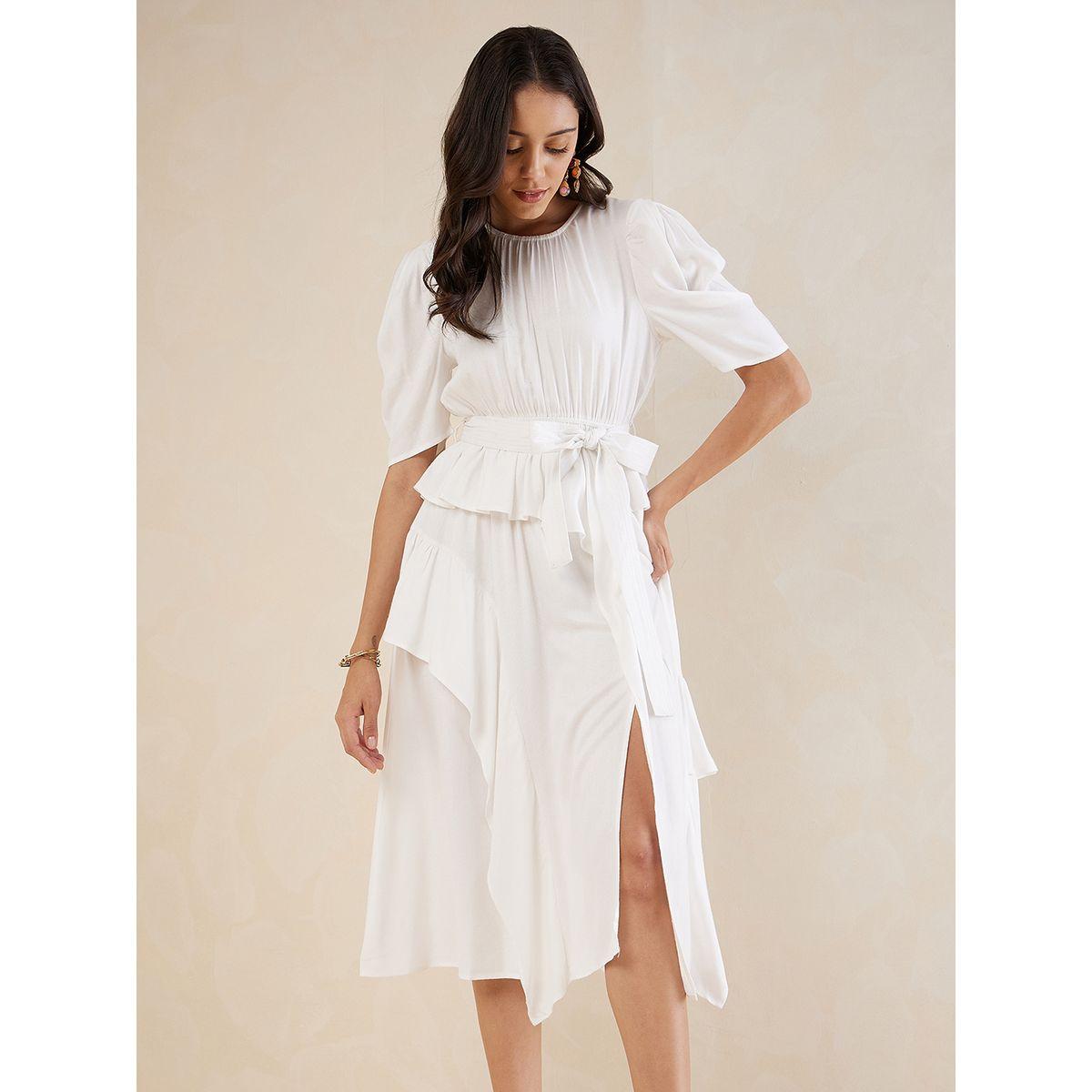فستان ميدي سادة بكشكش وحزام خصر-women-clothing-dresses-image-6