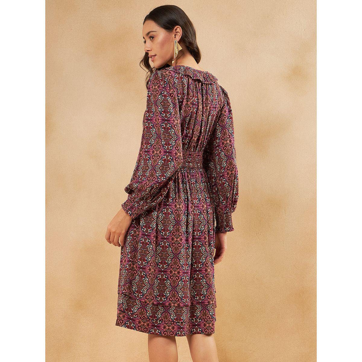 فستان ميدي بطبعة بوهيمية مع ياقة باربطة فِميلا × ستايلي-women-clothing-dresses-image-3