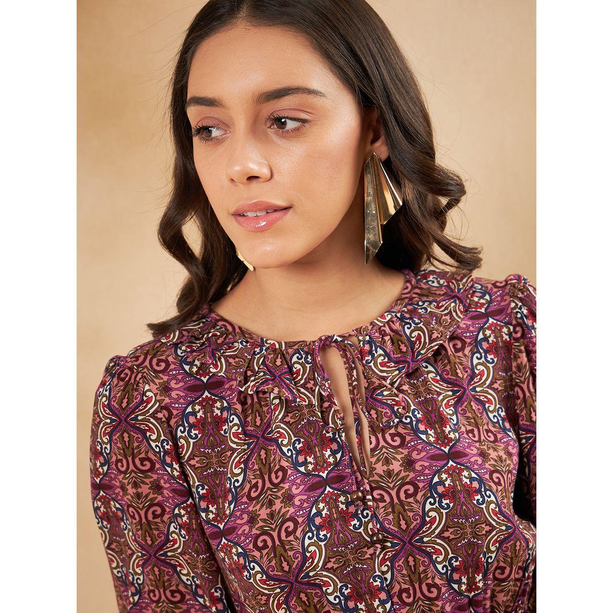 فستان ميدي بطبعة بوهيمية مع ياقة باربطة فِميلا × ستايلي-women-clothing-dresses-image-4