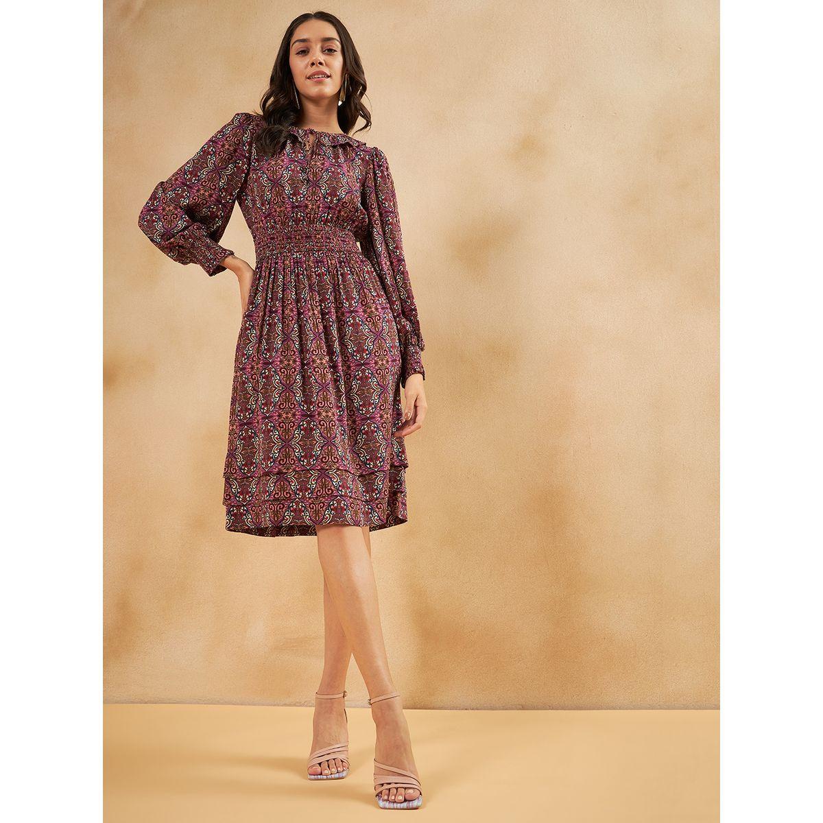 فستان ميدي بطبعة بوهيمية مع ياقة باربطة فِميلا × ستايلي-women-clothing-dresses-image-5