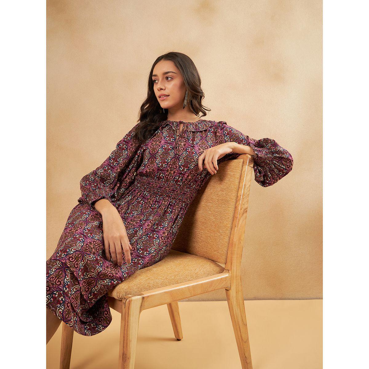 فستان ميدي بطبعة بوهيمية مع ياقة باربطة فِميلا × ستايلي-women-clothing-dresses-image-6