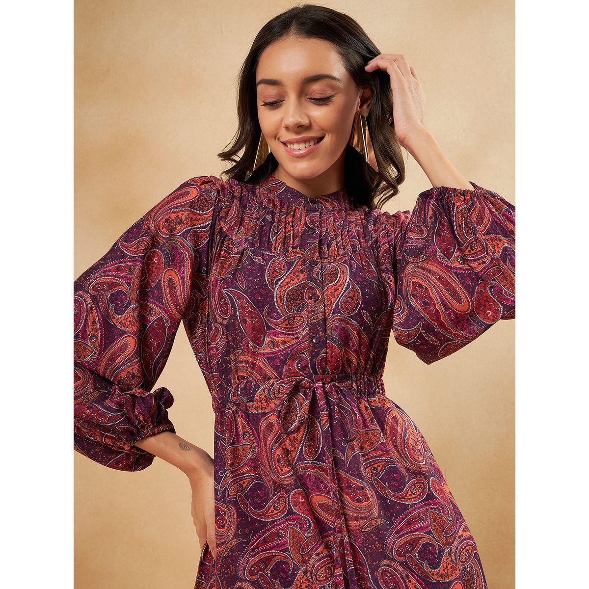 Femmella X Styli  Paisley Print A-Line Knee Length Dress with Puff Sleeves-women-clothing-dresses-image-3
