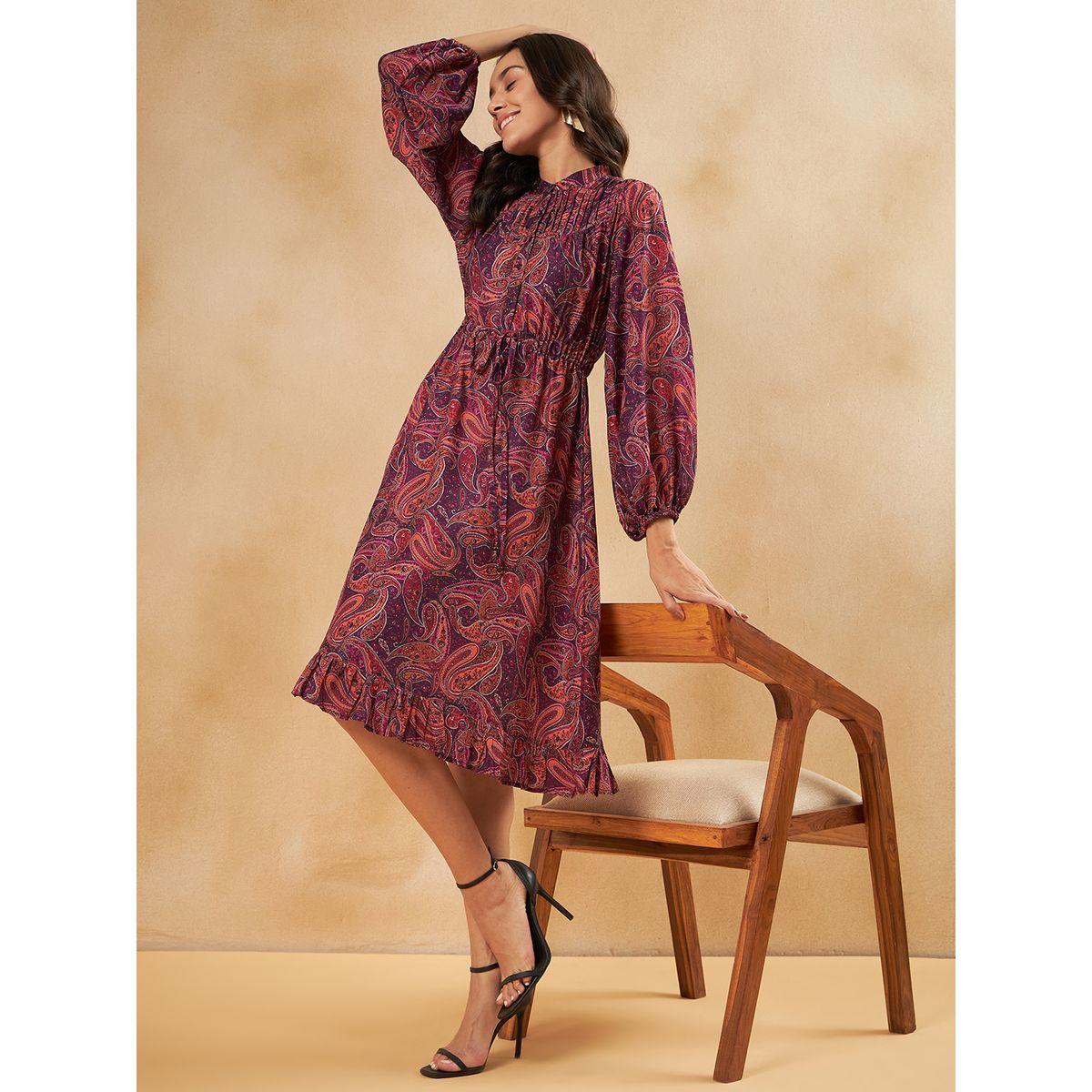 فستان بطول الركبة بطبعة بيزلي واكمام منفوخة فِميلا × ستايلي-women-clothing-dresses-image-5