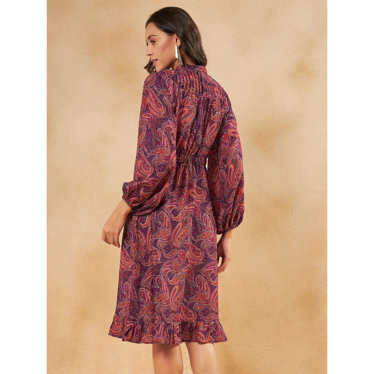فستان بطول الركبة بطبعة بيزلي واكمام منفوخة فِميلا × ستايلي-women-clothing-dresses-image-6