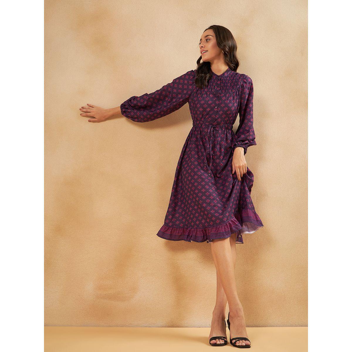 Femmella X Styli  All Over Print Tie Up Detail Knee Length Dress-women-clothing-dresses-image-2