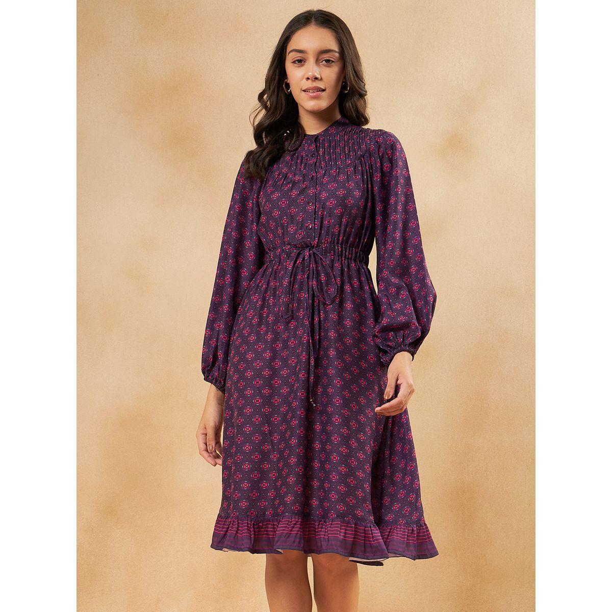 Femmella X Styli  All Over Print Tie Up Detail Knee Length Dress-women-clothing-dresses-image-3