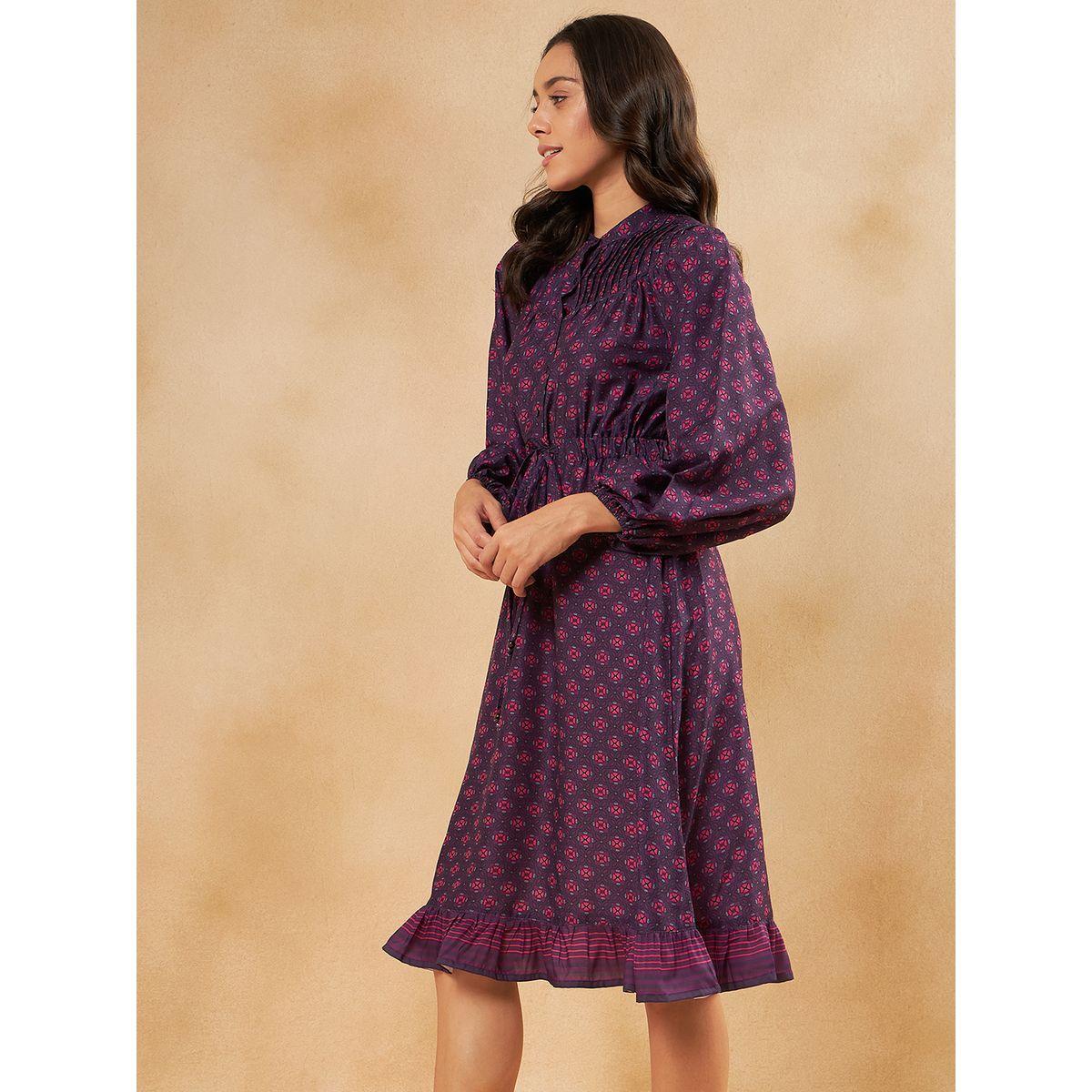 Femmella X Styli  All Over Print Tie Up Detail Knee Length Dress-women-clothing-dresses-image-4