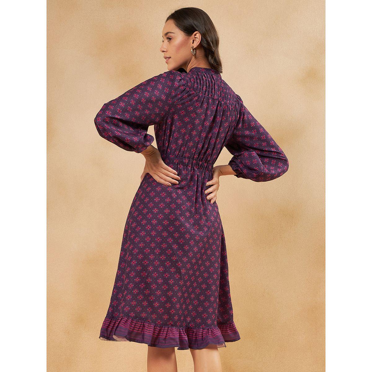 Femmella X Styli  All Over Print Tie Up Detail Knee Length Dress-women-clothing-dresses-image-5