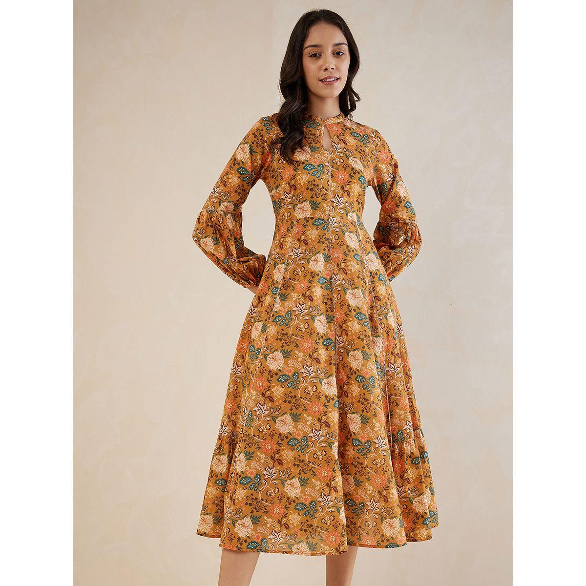 Femmella X Styli  All Over Floral Print Keyhole Detail Midi Dress with Long Sleeves-women-clothing-dresses-image-1
