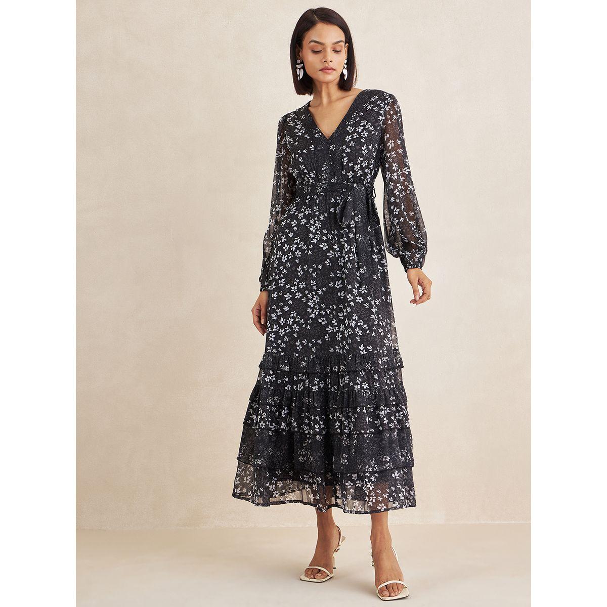 فستان طويل مطبع بزهور مع كشكش واكمام طويلة فِميلا × ستايلي-women-clothing-dresses-image-1