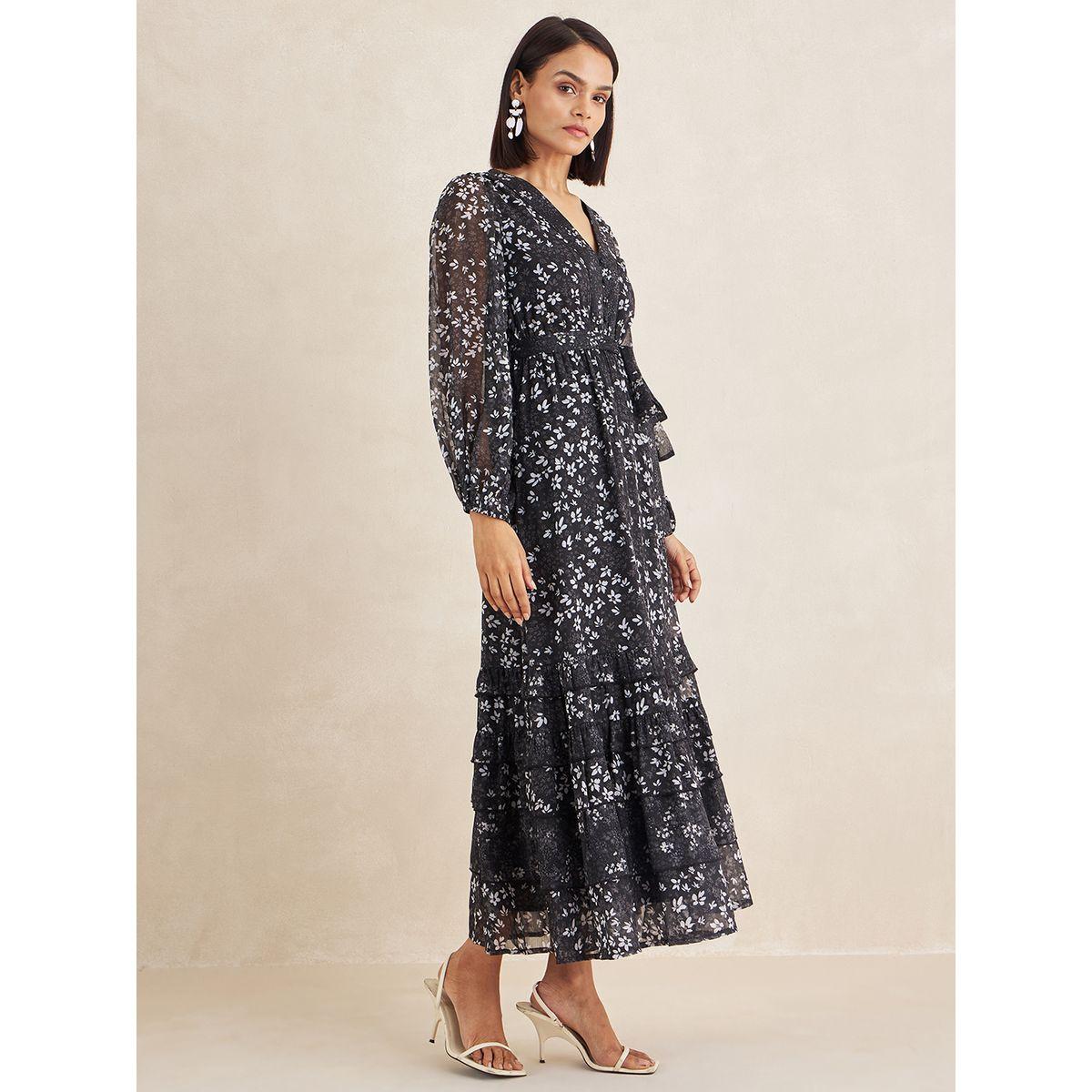 فستان طويل مطبع بزهور مع كشكش واكمام طويلة فِميلا × ستايلي-women-clothing-dresses-image-2