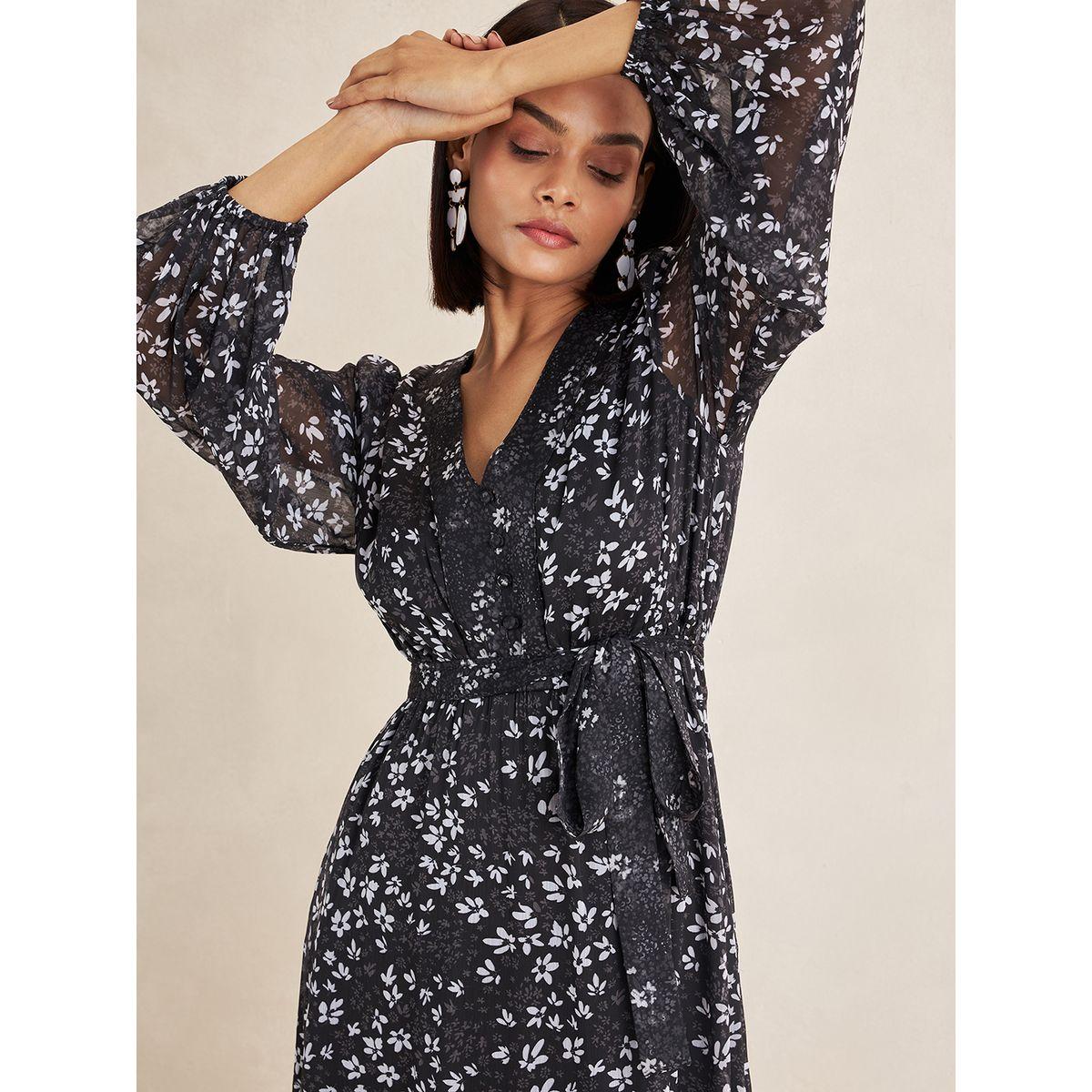 فستان طويل مطبع بزهور مع كشكش واكمام طويلة فِميلا × ستايلي-women-clothing-dresses-image-3