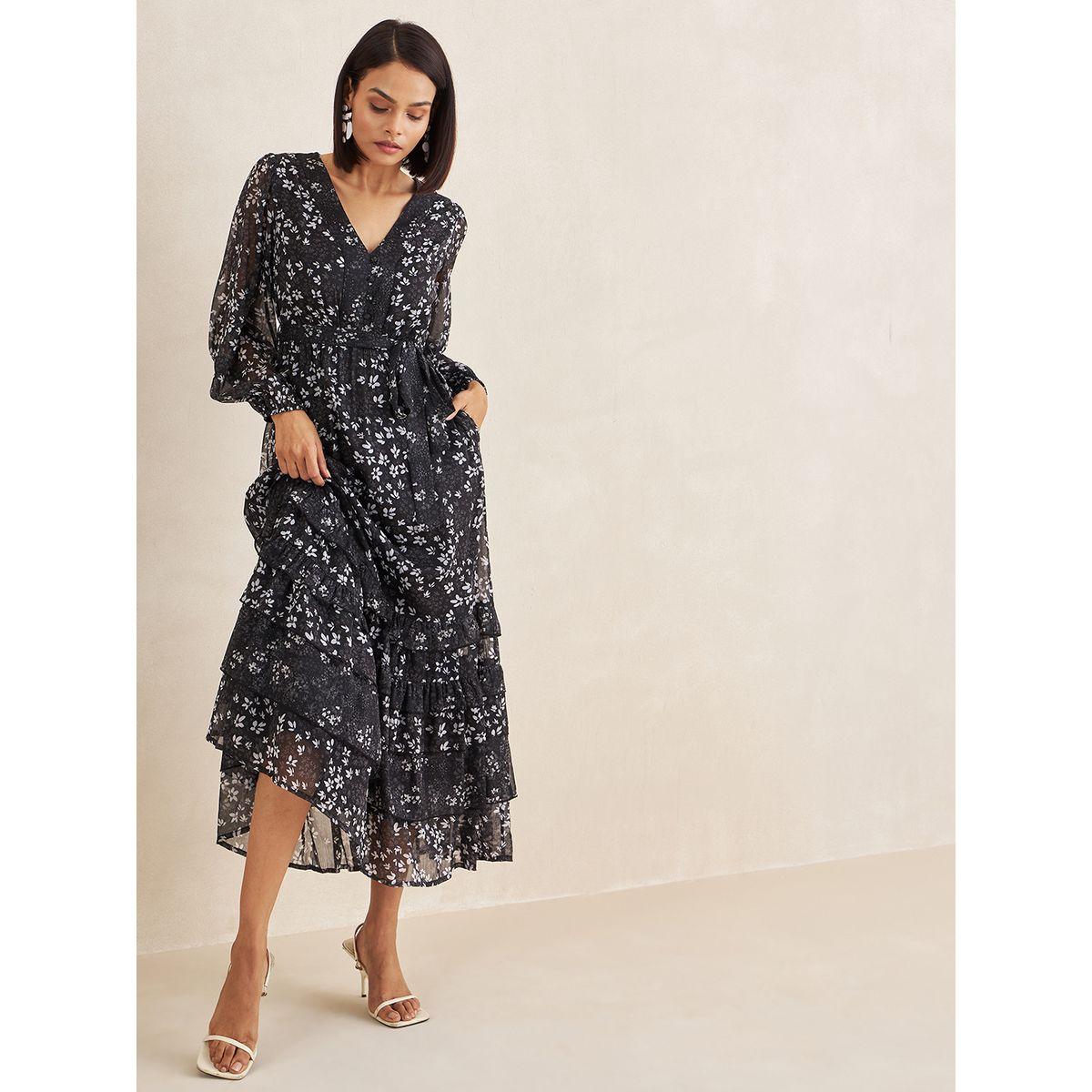 Femmella X Styli  Floral Print V Neck Ruffle Maxi Dress with Long Sleeves-women-clothing-dresses-image-4