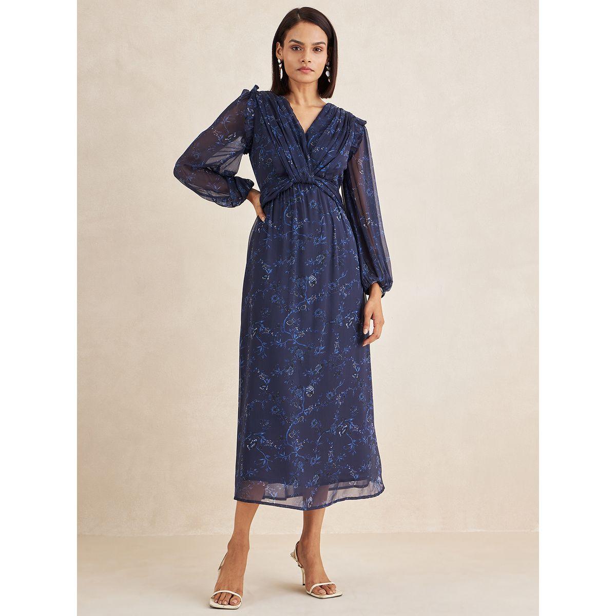 Femmella Floral Print V Neck Front Twist Midi Dress-women-clothing-dresses-image-1