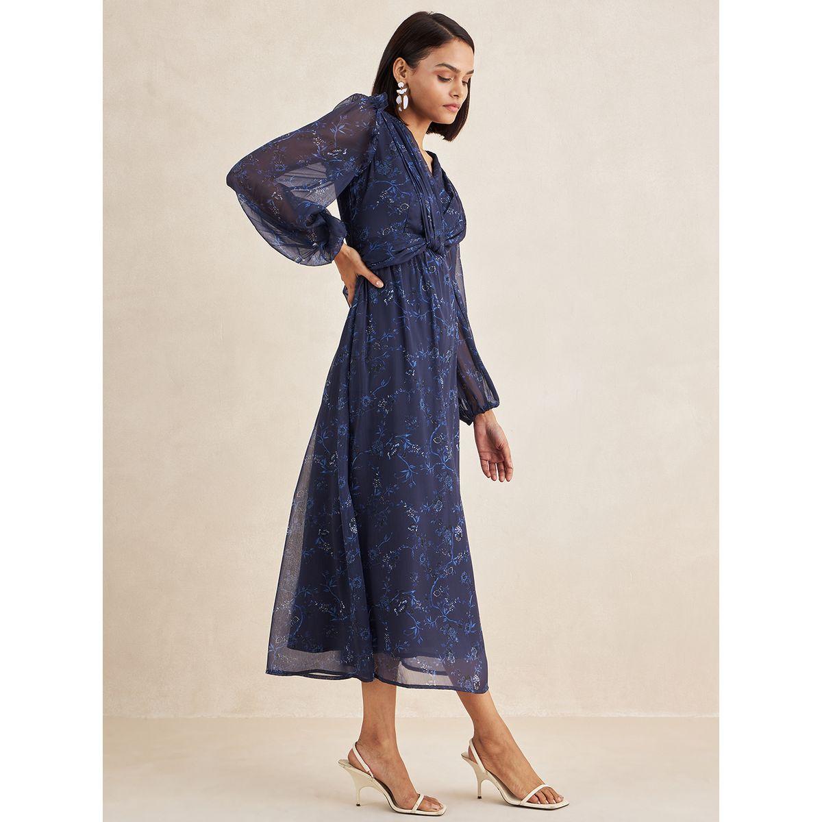 Femmella Floral Print V Neck Front Twist Midi Dress-women-clothing-dresses-image-2