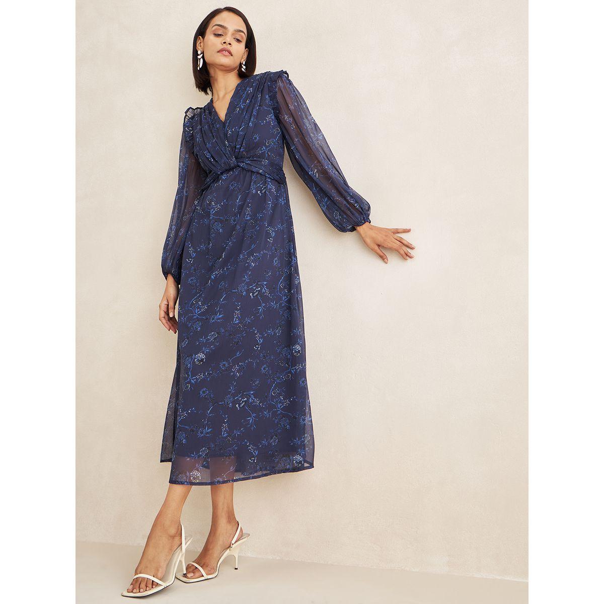 Femmella Floral Print V Neck Front Twist Midi Dress-women-clothing-dresses-image-4