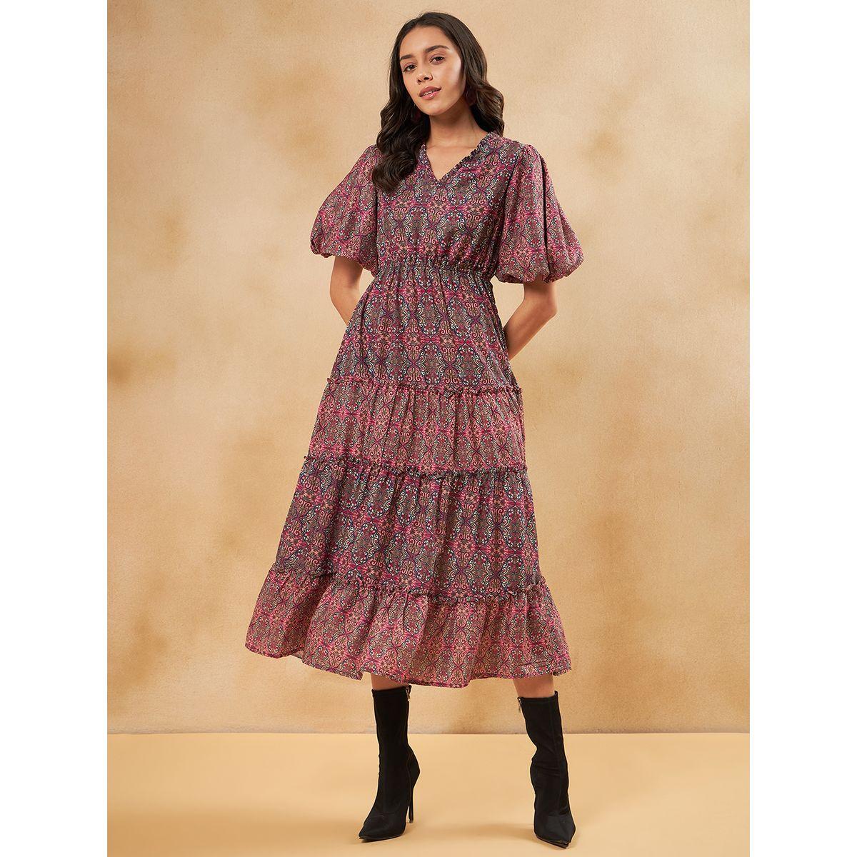 Femmella Bohemian Print V Neck Tiered Midi Dress-women-clothing-dresses-image-1