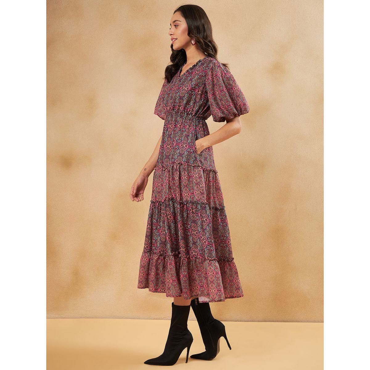 Femmella Bohemian Print V Neck Tiered Midi Dress-women-clothing-dresses-image-3