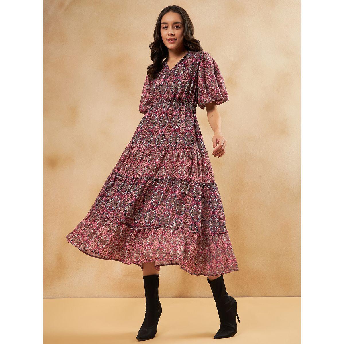 Femmella Bohemian Print V Neck Tiered Midi Dress-women-clothing-dresses-image-5