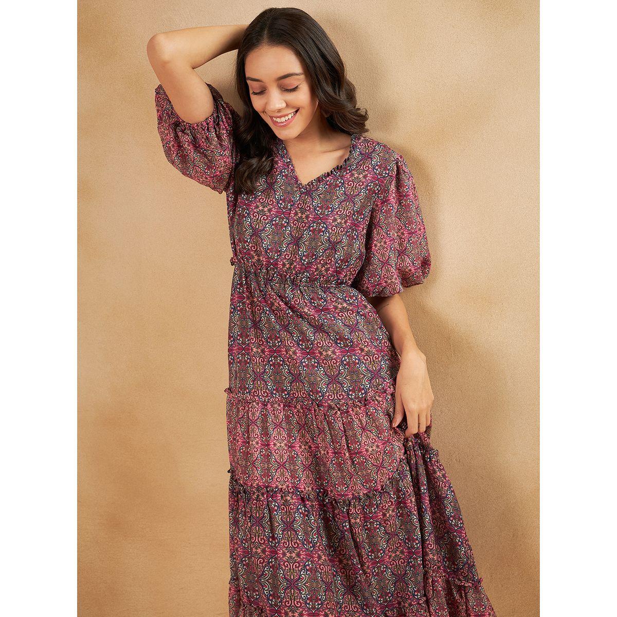 Femmella Bohemian Print V Neck Tiered Midi Dress-women-clothing-dresses-image-8