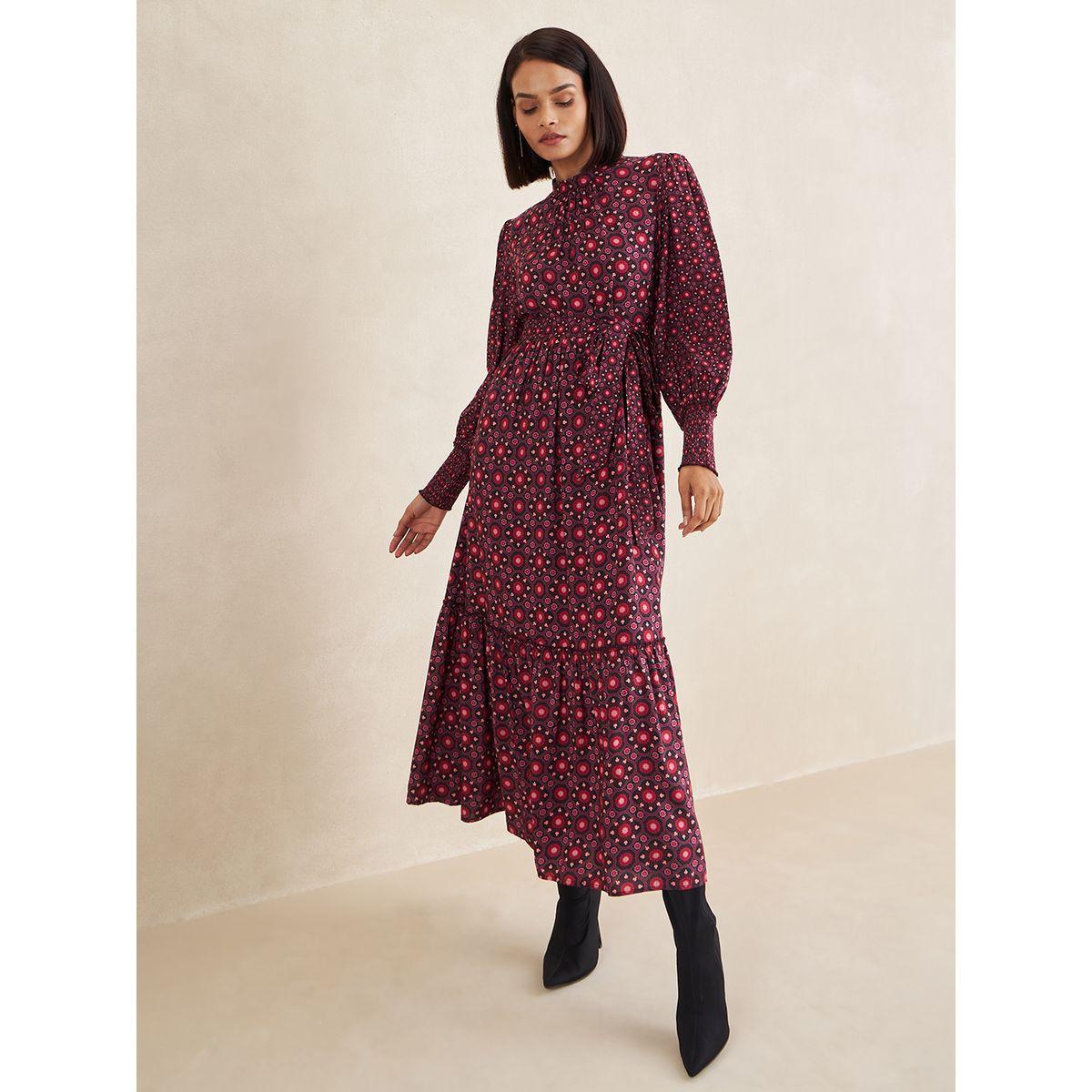 فستان طويل بكسرات وطبعة هندسية مع اربطة فِميلا × ستايلي-women-clothing-dresses-image-4