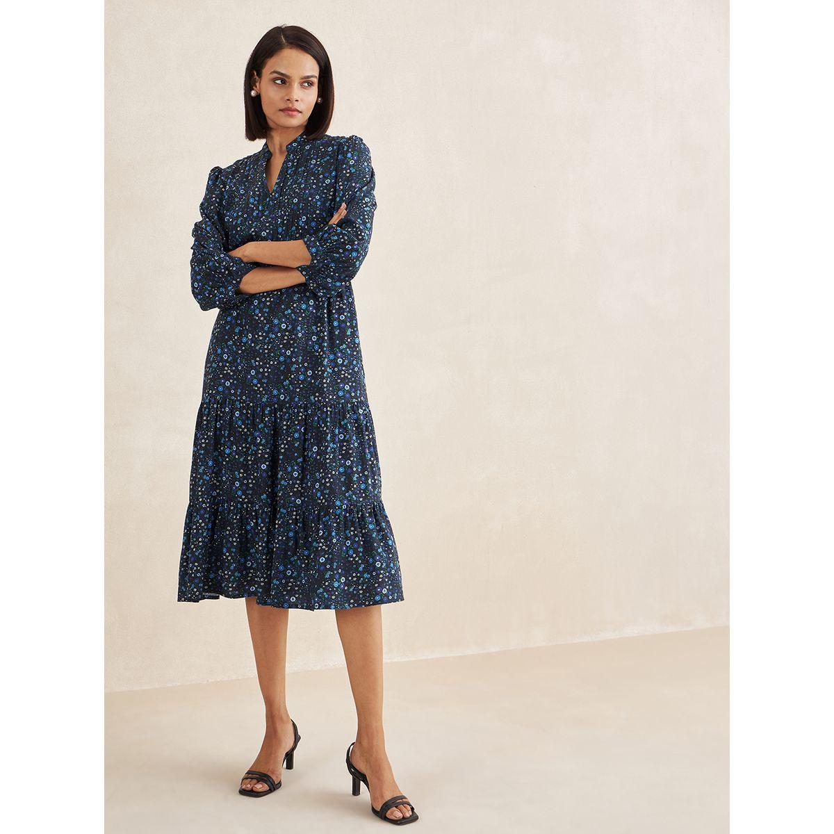 Femmella X Styli  Floral Print Pleated Detail Notch Neck Tiered Midi Dress-women-clothing-dresses-image-1
