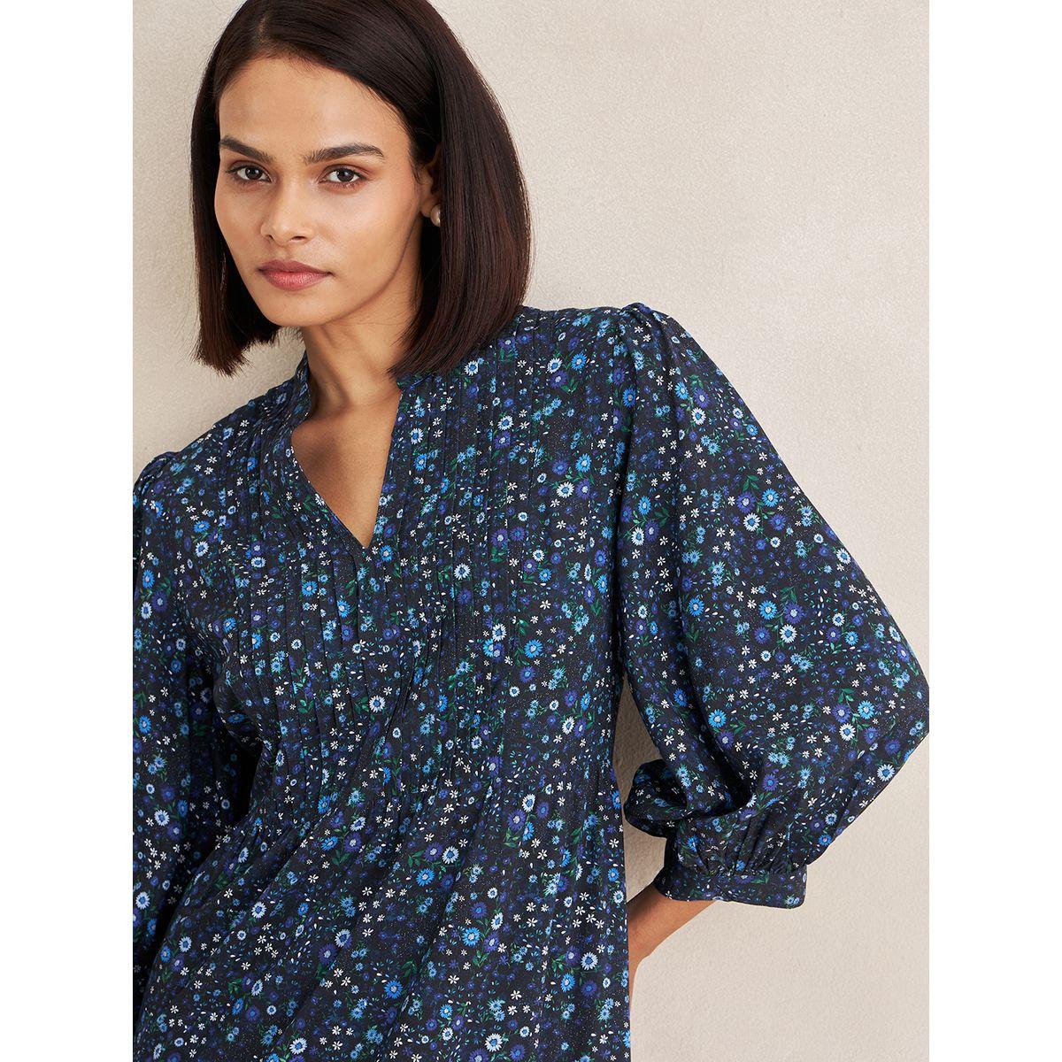 Femmella X Styli  Floral Print Pleated Detail Notch Neck Tiered Midi Dress-women-clothing-dresses-image-6