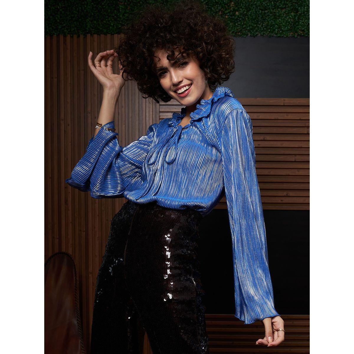 Athena X Styli  Plisse Tie Up Neck Top with Bell Sleeves-women-clothing-shirtsandblouses-blouses-image-2