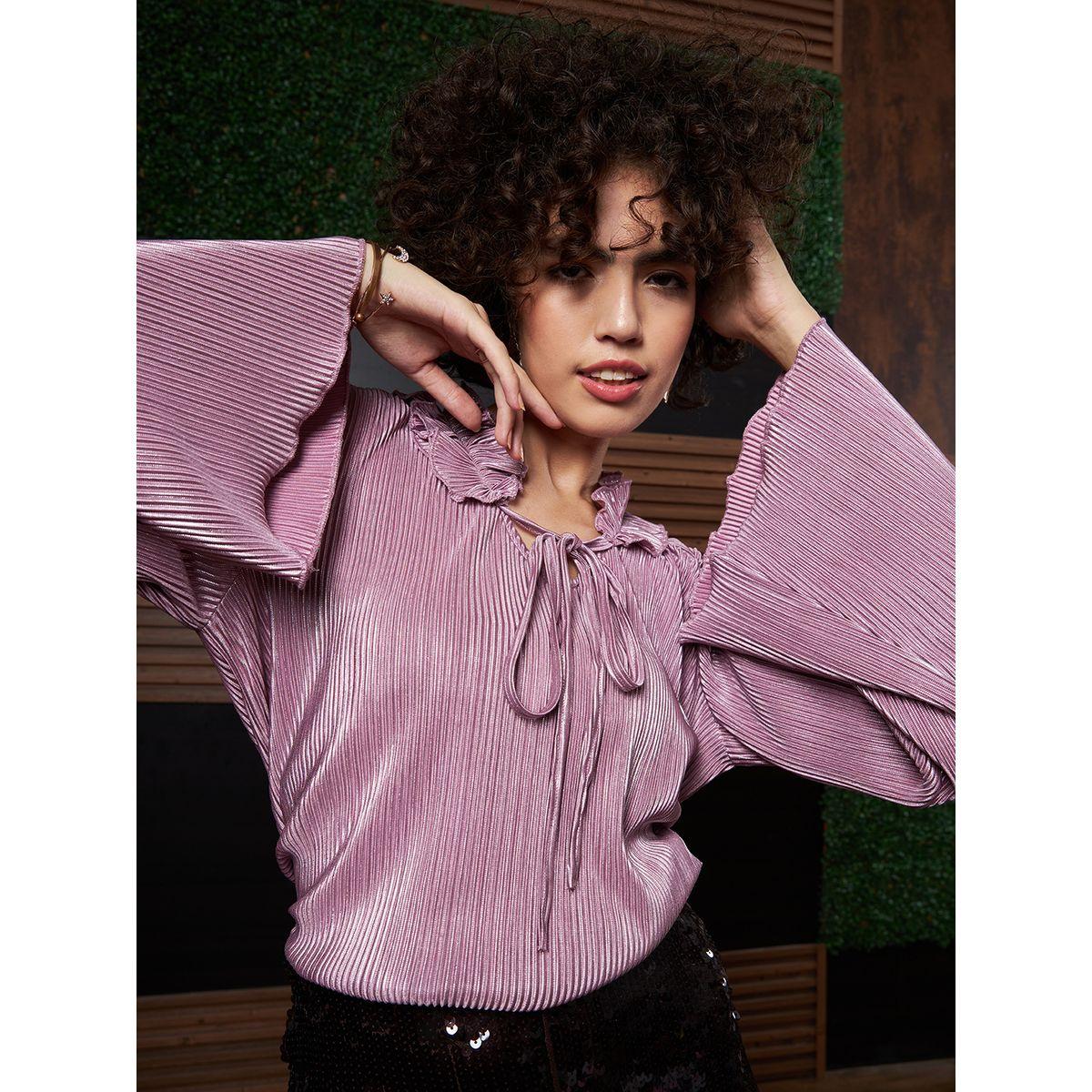 بلوزة بليسيه مع ياقة بأربطة واكمام جرس أثينا × ستايلي-women-clothing-shirtsandblouses-blouses-image-3