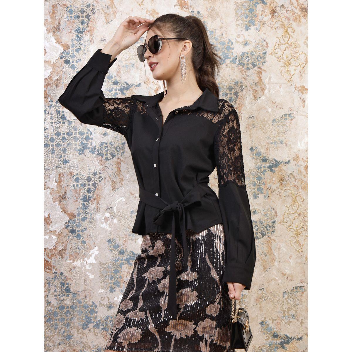 Athena X Styli  Lace Insert Shirt Style Top with Tie Waist-women-clothing-shirtsandblouses-shirts-image-7