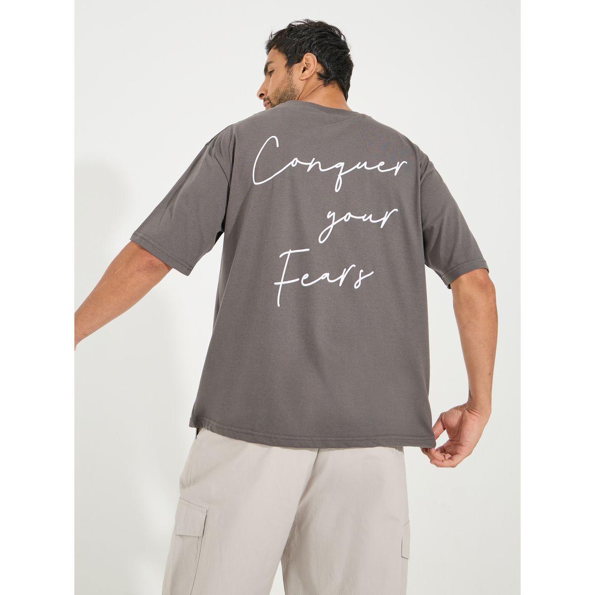 Styli Conquer Your Fear Slogan Print Oversized T-Shirt-men-clothing-tshirtsandpolos-tshirts-image-1