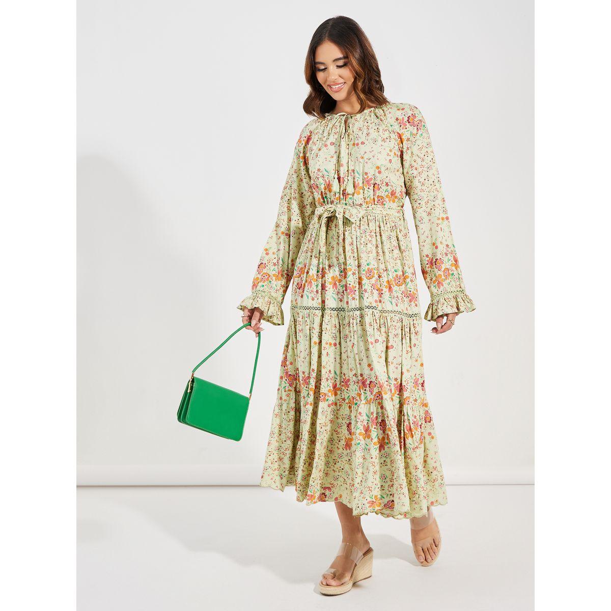 فستان ميدي مطبع بزهور مع حزام خصر-women-clothing-dresses-image-1