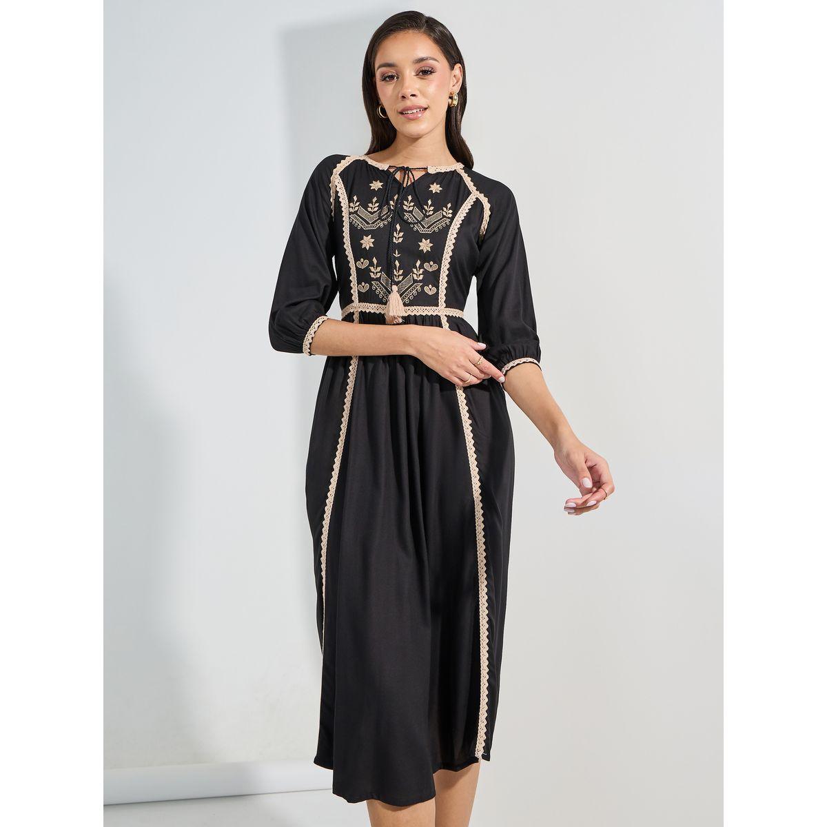 Styli Embroidered Yoke Tasseled A-Line Midi Dress-women-clothing-dresses-image-1