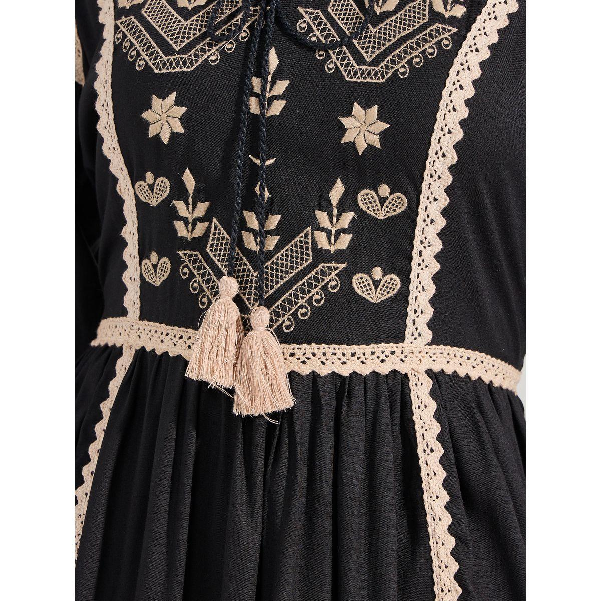 Styli Embroidered Yoke Tasseled A-Line Midi Dress-women-clothing-dresses-image-3