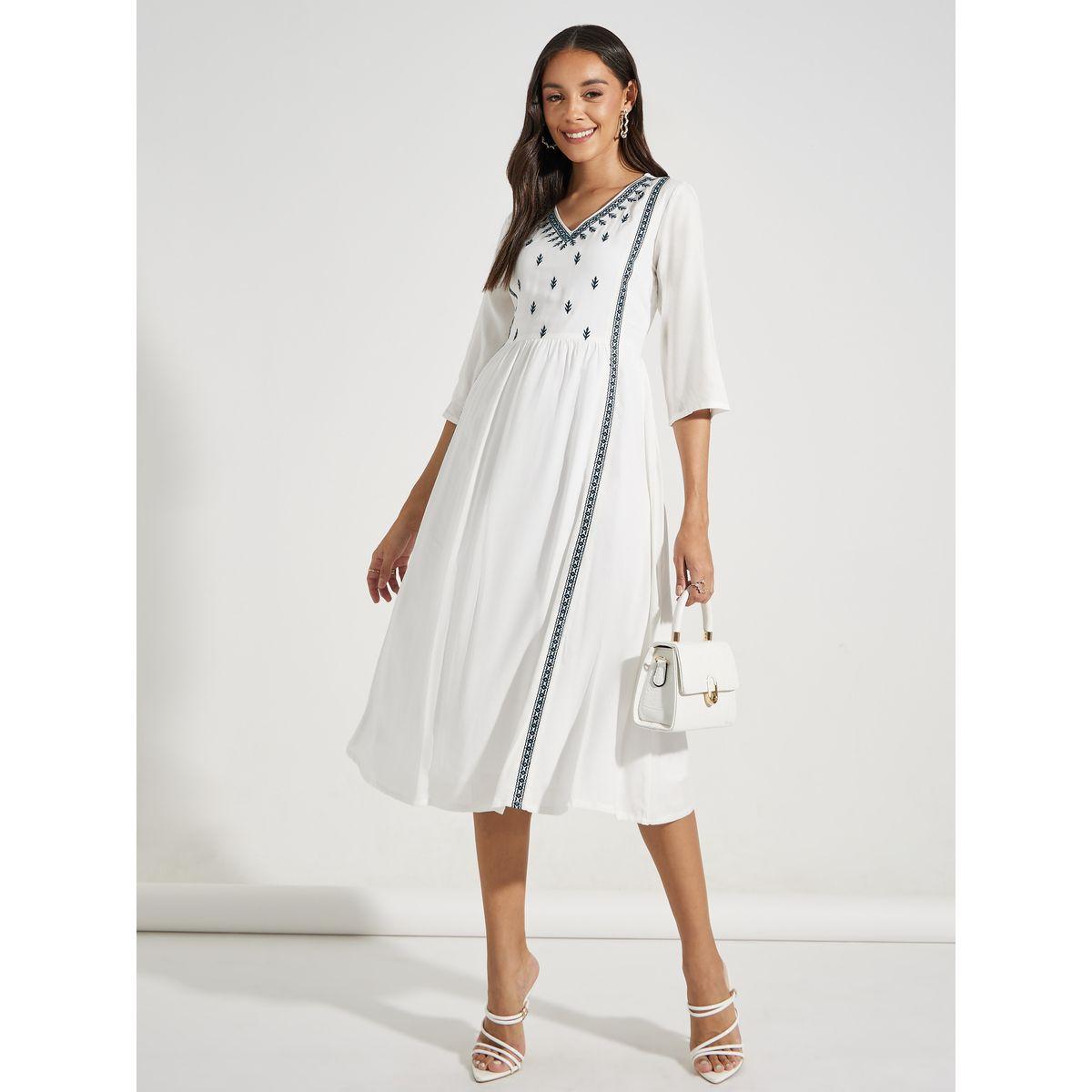 Styli Embroidered Panel V Neck A-Line Midi Dress-women-clothing-dresses-image-1