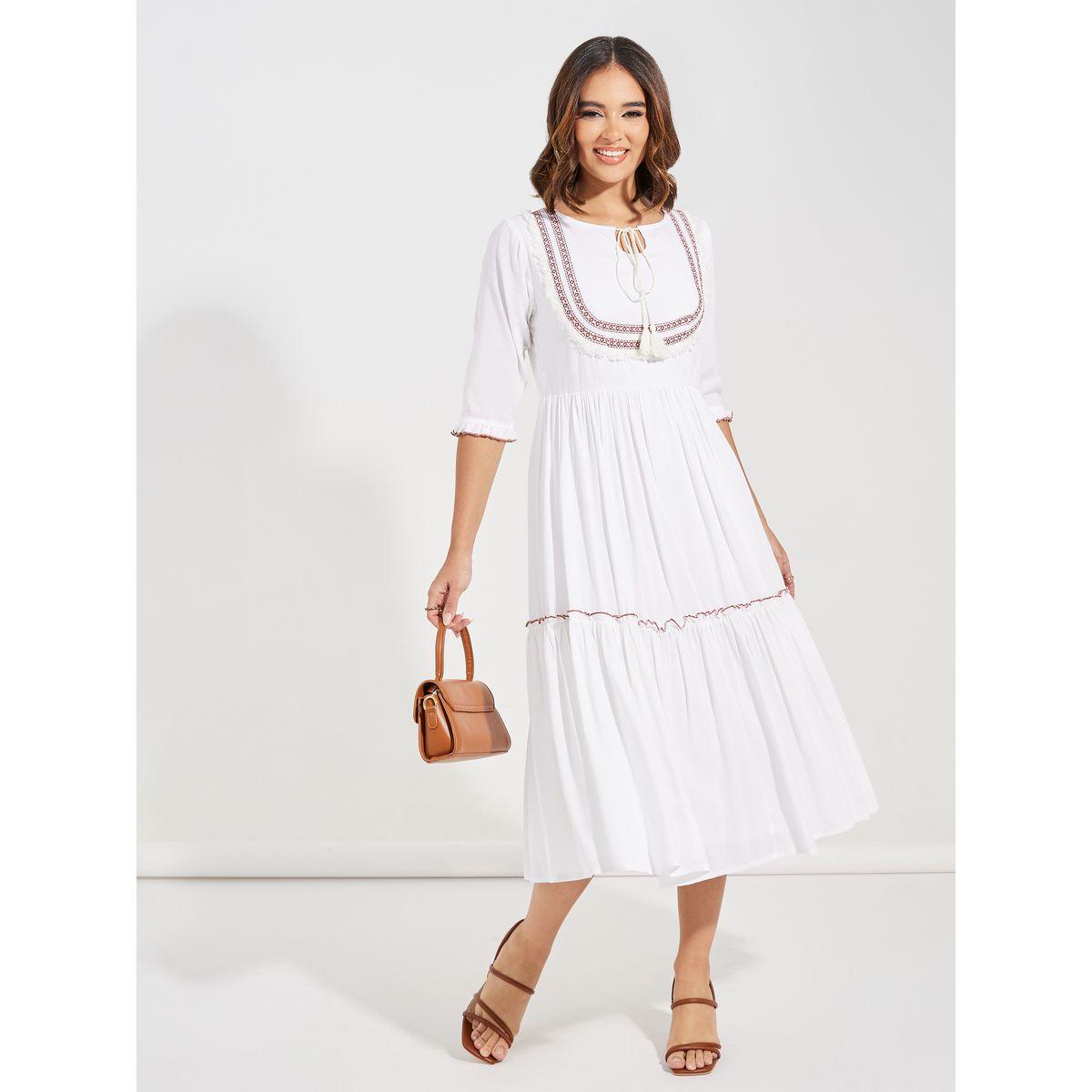 Styli Embroidered Panel Tie-Up Neck Midi Dress-women-clothing-dresses-image-1